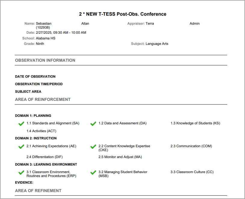 Observation report detailing planning, instruction, and learning environment for a conference.